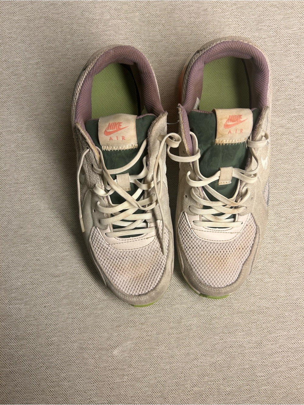 Nike Beige and Green Lace-Up Sneakers with Pink Lining